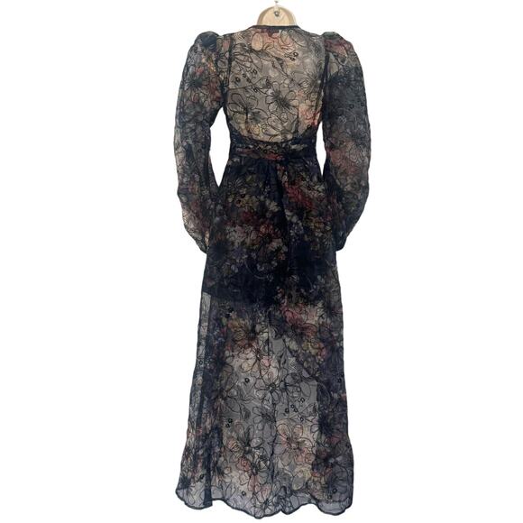 For Love & Lemons Sophia Sheer Puff Sleeve Midi Dress Black Navy Floral XS - Picture 5 of 14